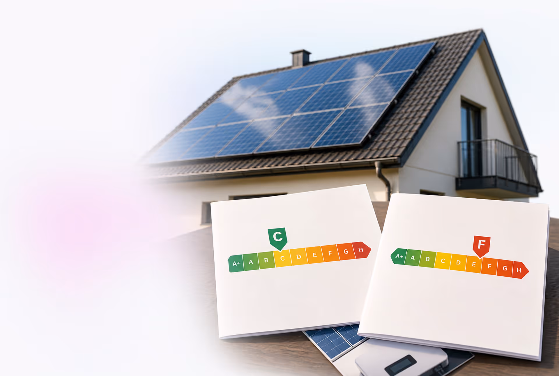 Roof with photovoltaic modules and energy certificate — consumption vs demand certificate and efficiency class after solar installation