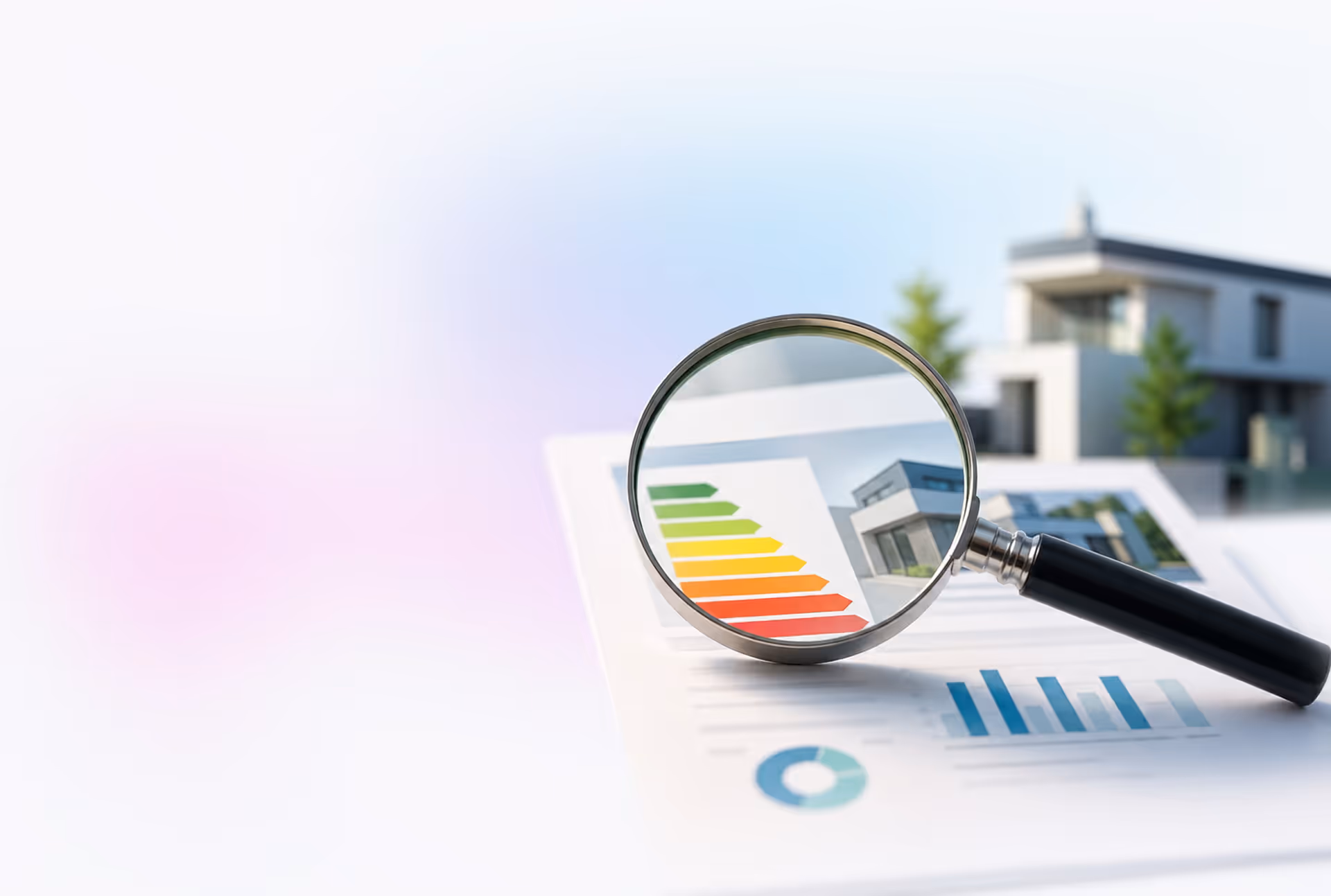 Magnifying glass enlarges the efficiency class on a consumption certificate — careful evaluation of providers and portals