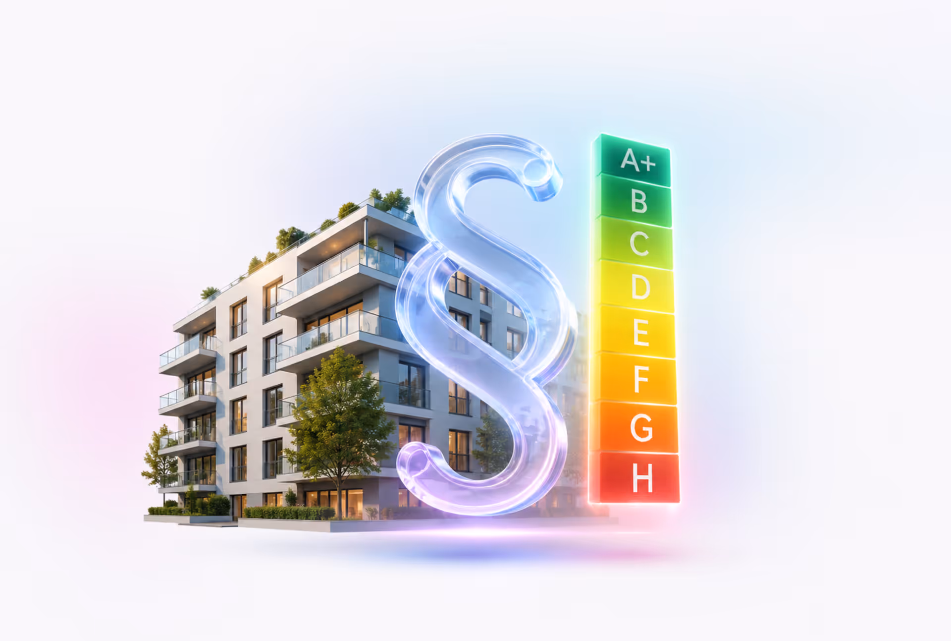 Glühende A+ bis H Energieeffizienzskala neben einem Paragraphensymbol vor einem modernen Wohngebäude als Symbol für den GModG-Kabinettsentwurf vom 13. Mai 2026