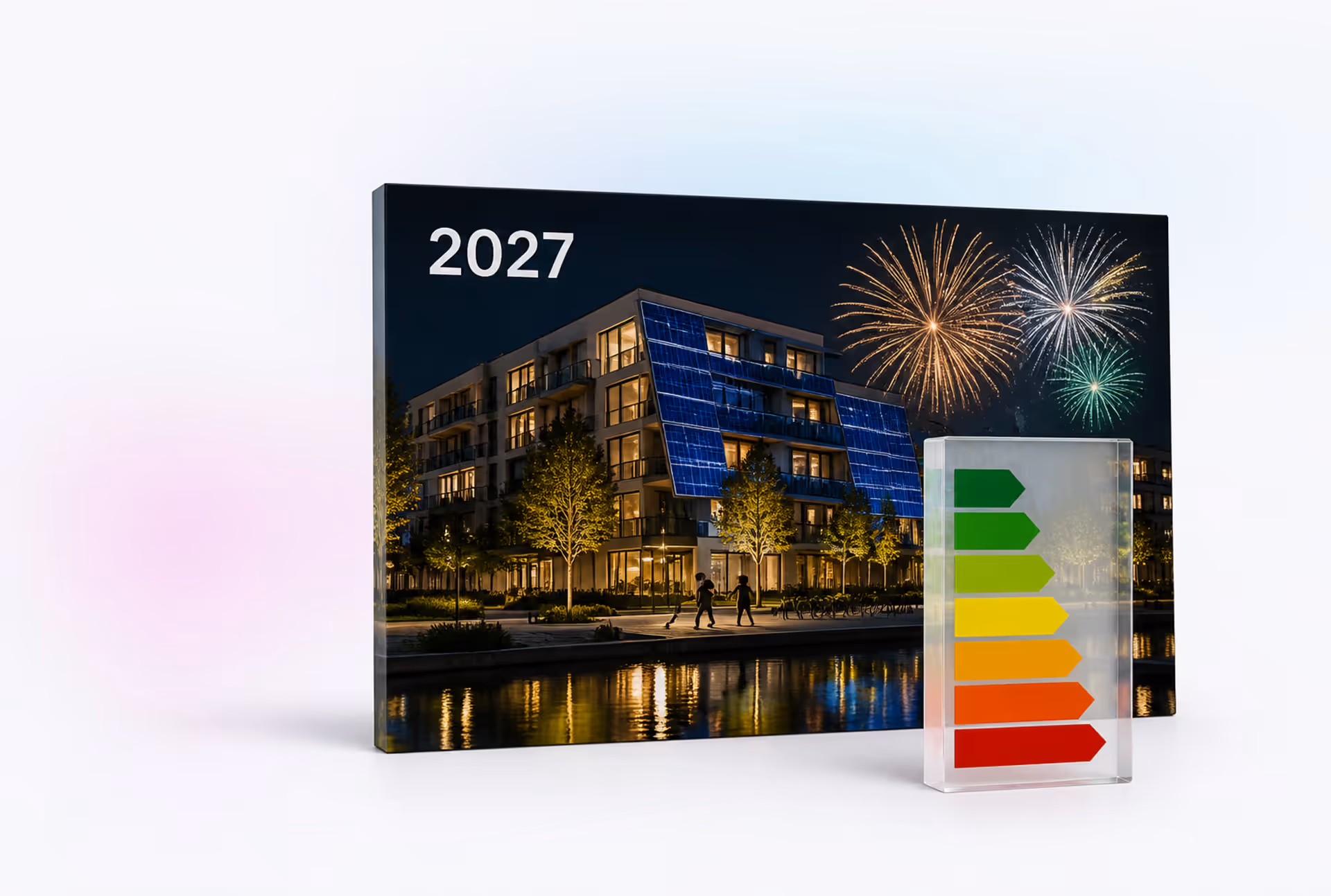Landscape night photo of a modern PV residential building with fireworks and a white 2027 year mark; a translucent energy-efficiency scale in front — GModG enacted, new energy certificate from 1 January 2027