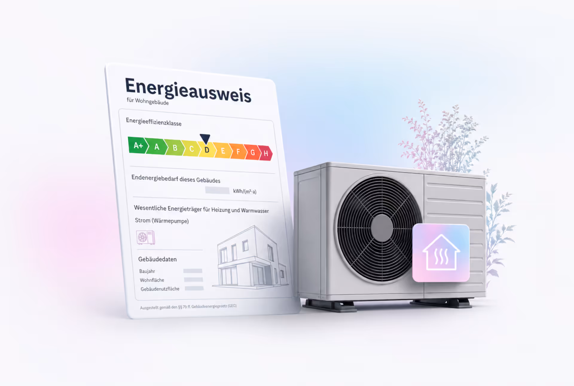 Energieausweis mit Effizienzskala neben einer Wärmepumpe (Symbolbild für Erwartungen vs. Ergebnis)