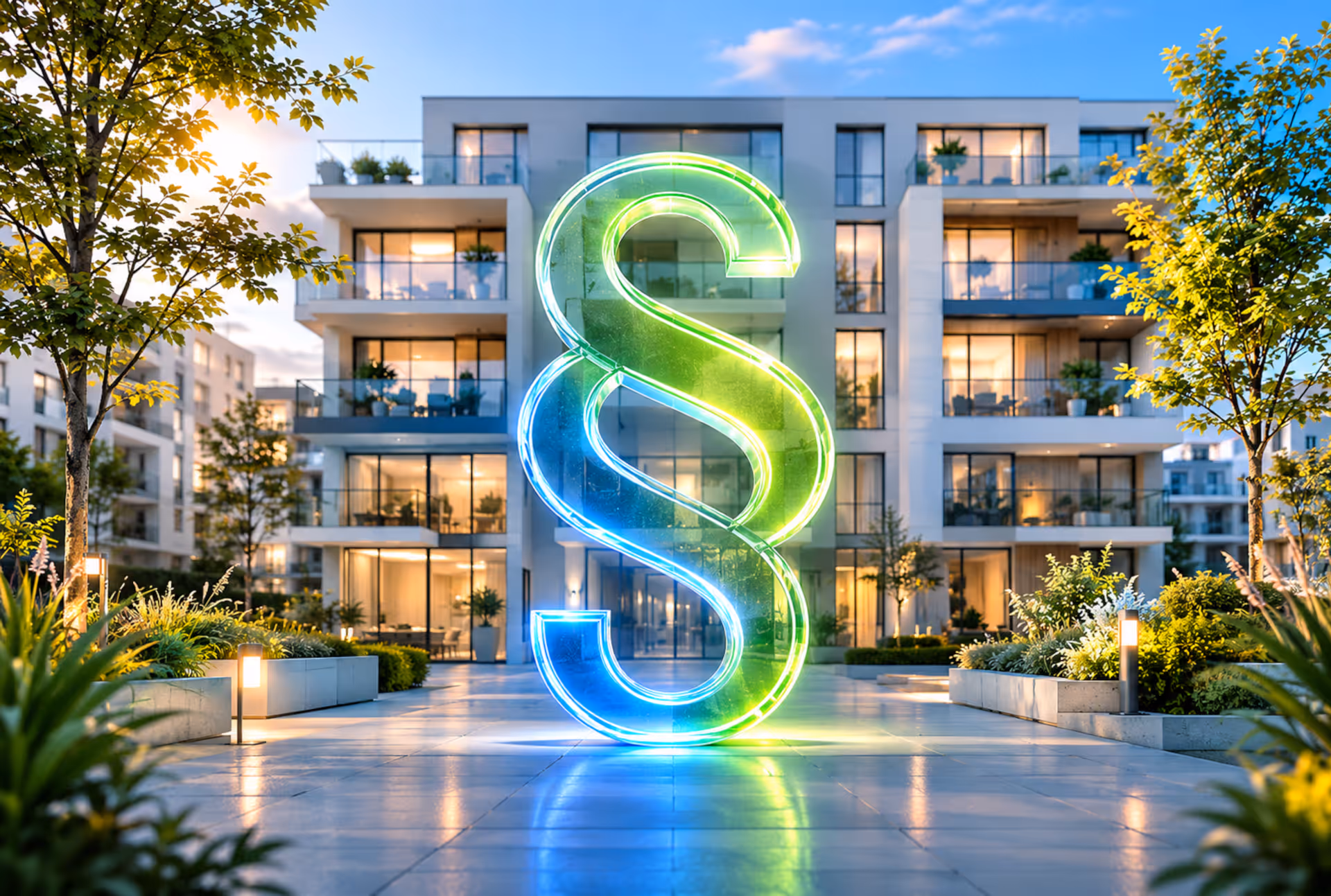 Glühende A+ bis H Energieeffizienzskala neben einem Paragraphensymbol vor einem modernen Wohngebäude als Symbol für den GModG-Kabinettsentwurf vom 13. Mai 2026