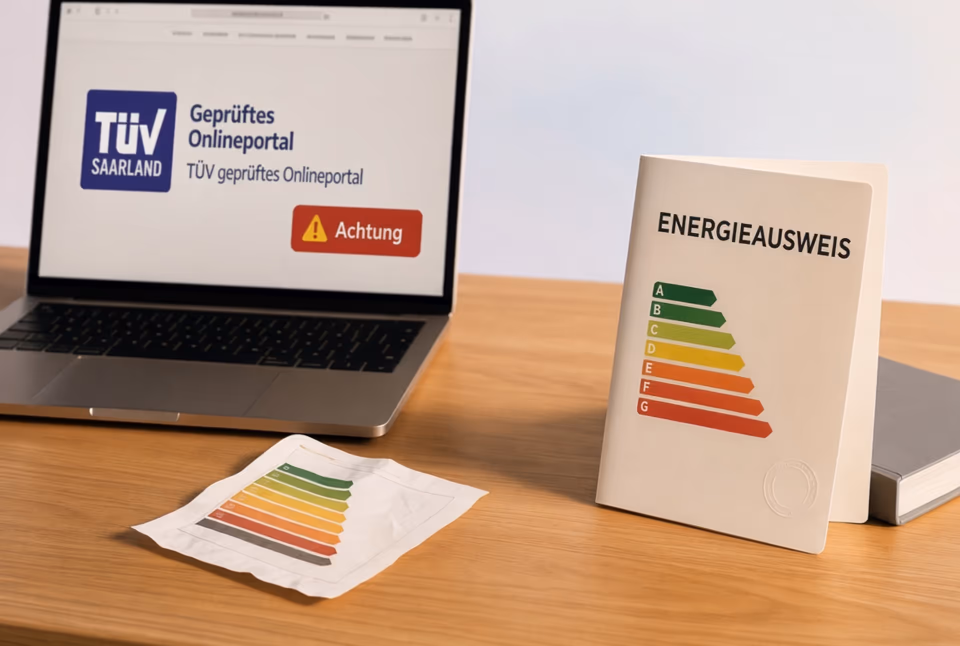Laptop with TÜV online-portal seal and warning cue softly blurred in the background; sharp in the foreground, an energy certificate with a quality mark