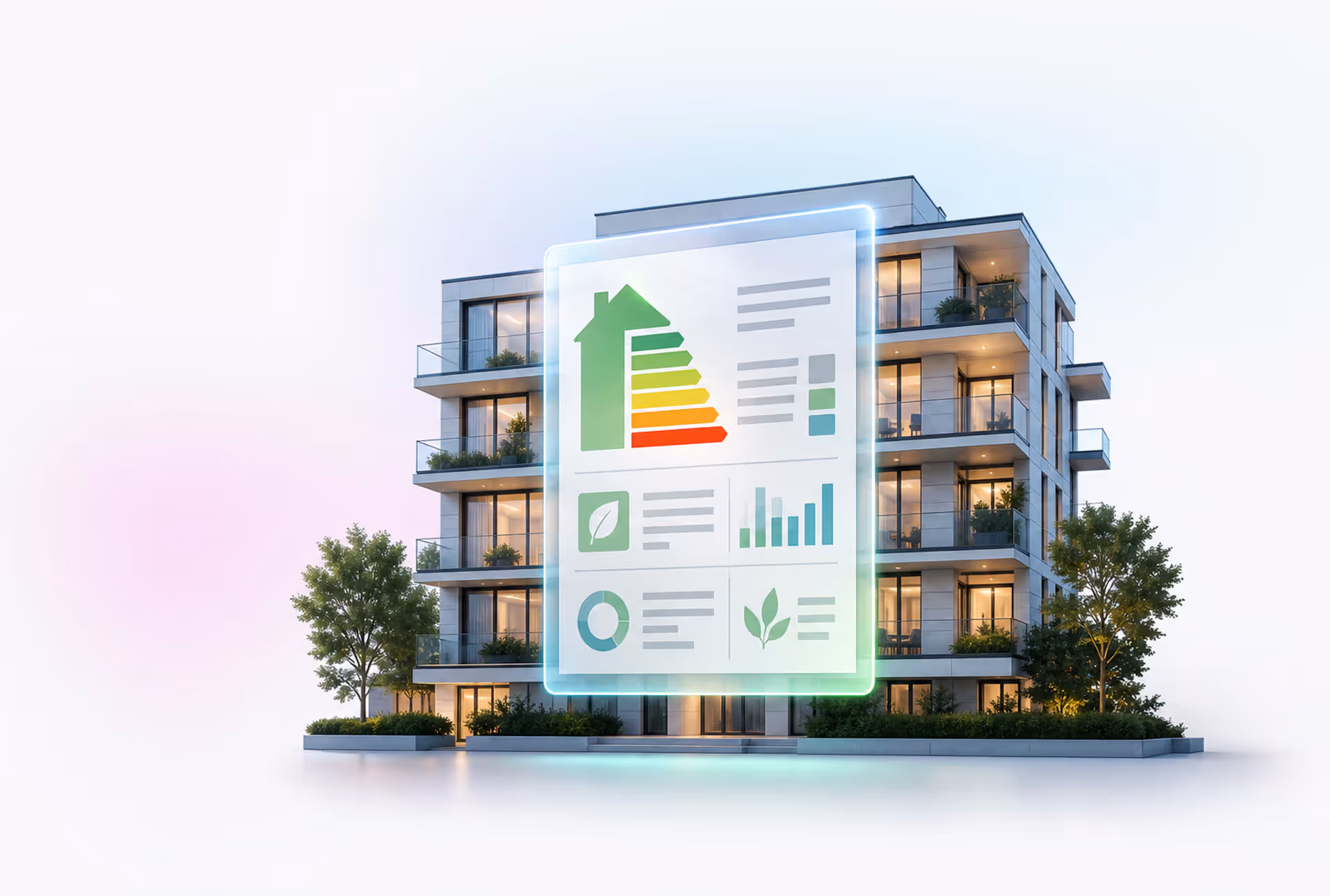 Energy Certificate Smart experiences — glowing energy certificate document before a modern residential facade (Smart™ symbolism, efficiency class)