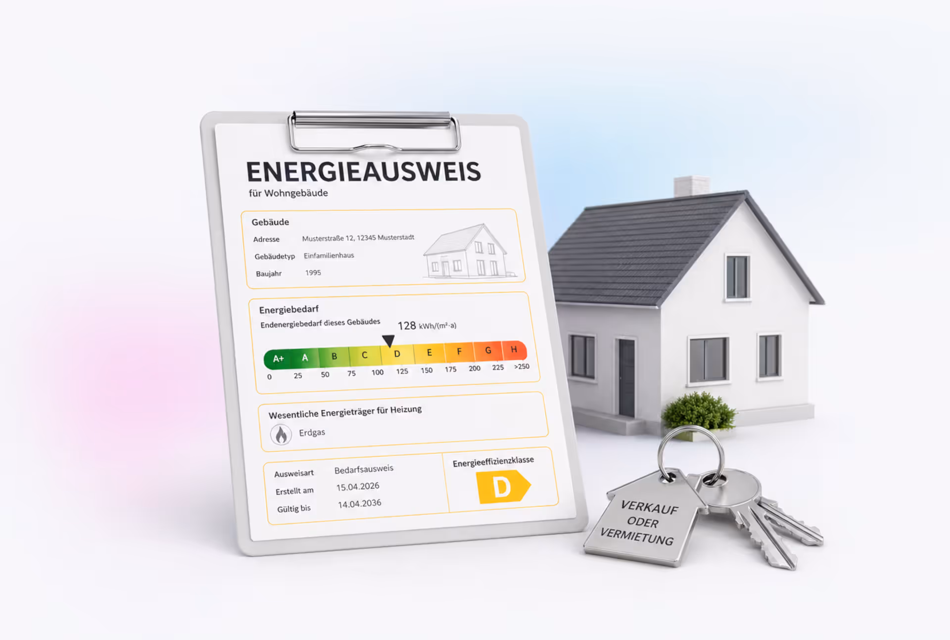 Energieausweis-Dokument, Klemmbrett und Hausschlüssel auf weißem Hintergrund – Pflichten bei Verkauf oder Vermietung