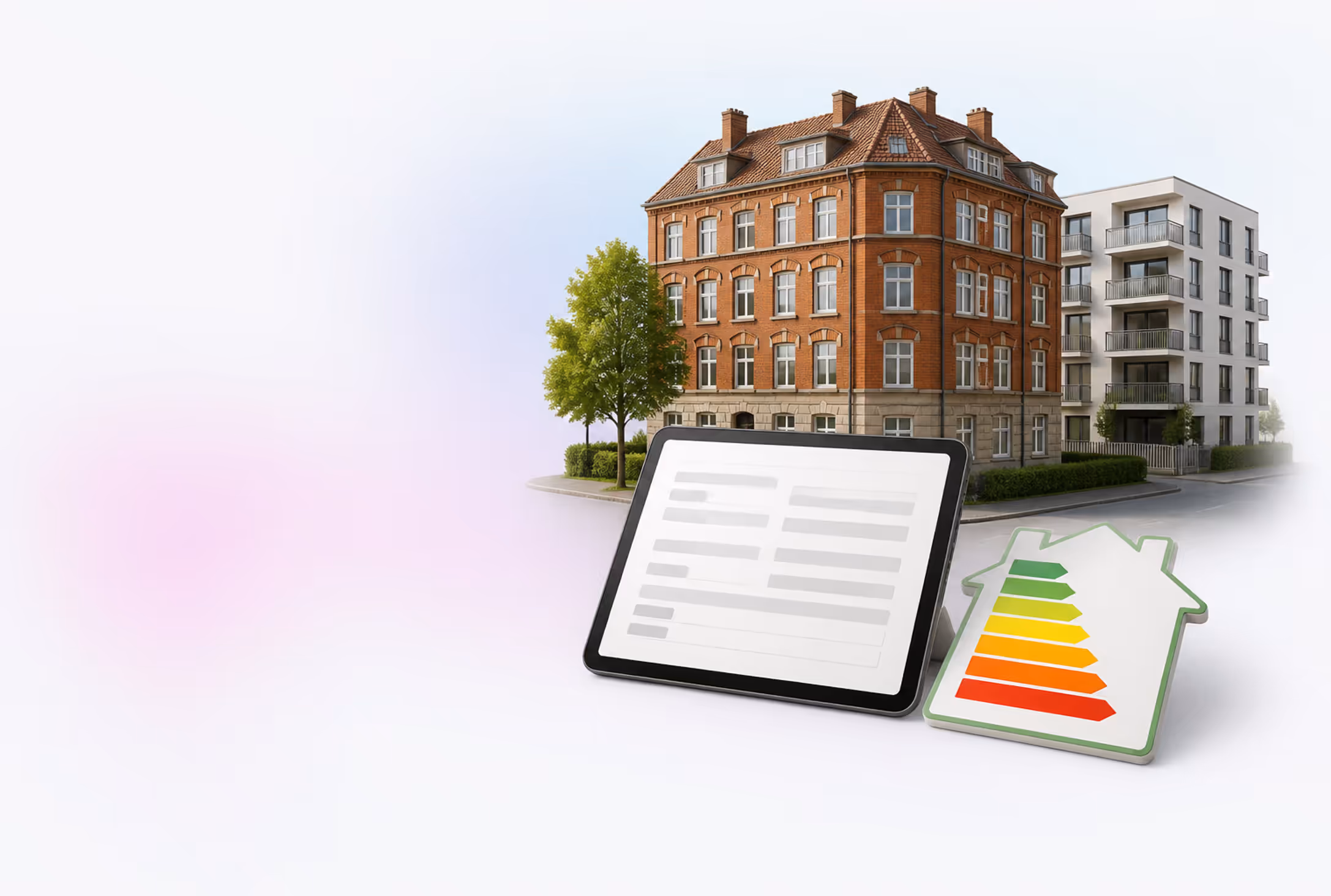 Klinker-Mehrfamilienhaus und Neubau in Stuttgart mit Tablet-Bestellformular und Energieausweis-Symbol