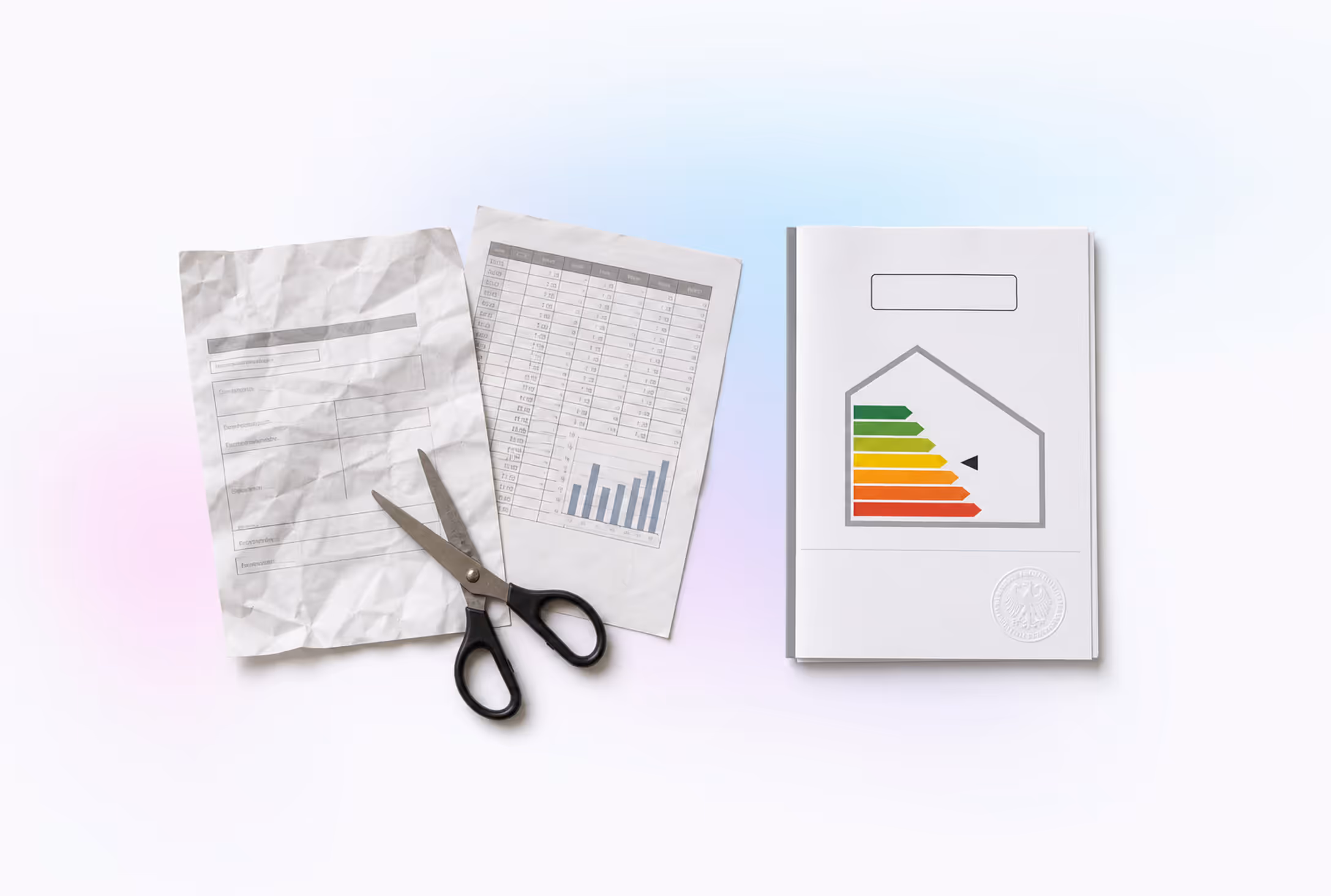 Zwei Dokumente im Vergleich — selbstgedruckte Vorlage und Excel-Ausdruck versus registrierter Energieausweis mit Effizienzband (GEG § 88)