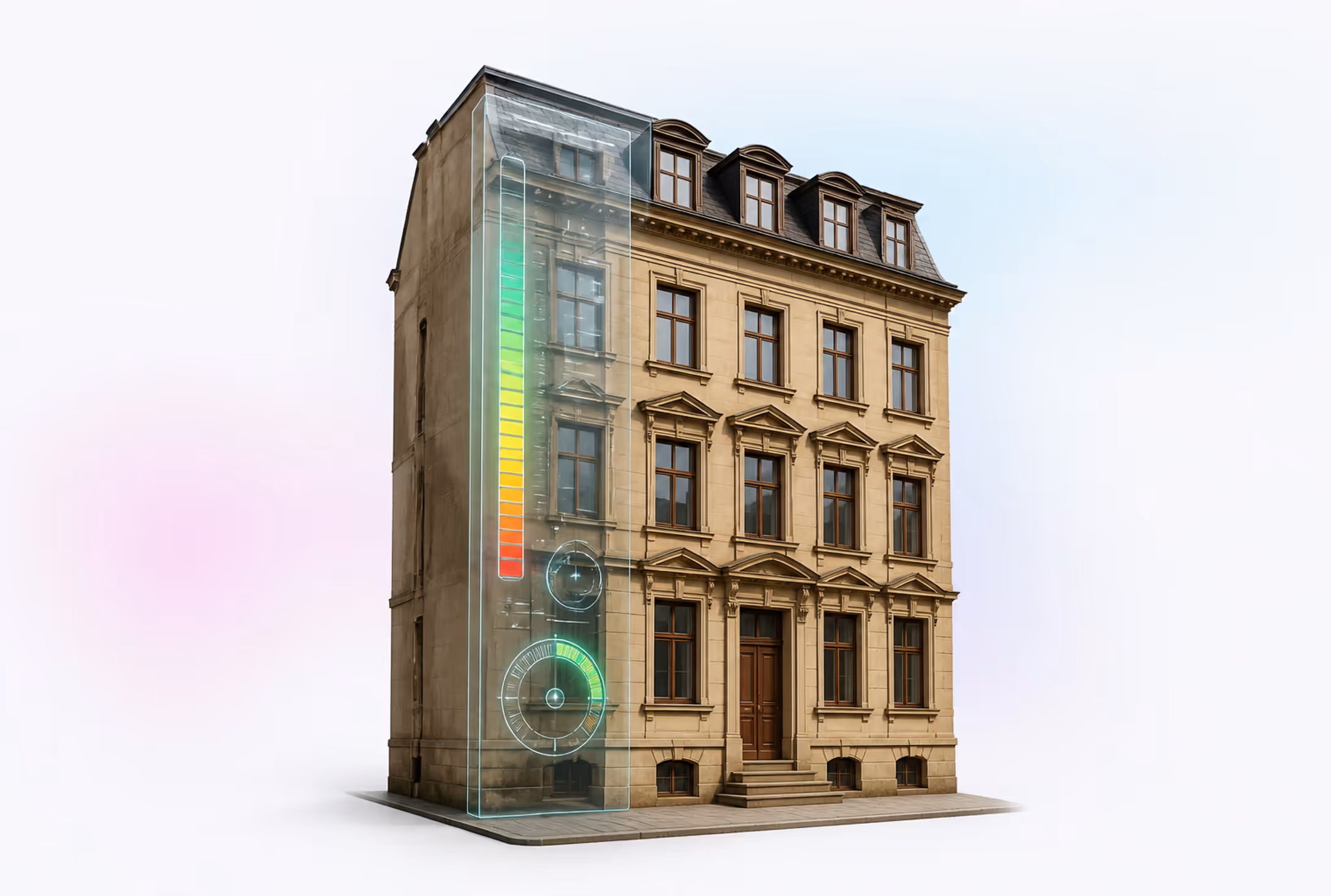 Denkmalgeschütztes Stadthaus aus Sandstein mit schmaler Glas-HUD-Scheibe und abstrakten Energieindikatoren — Energieausweispflicht für Baudenkmale ab 2027
