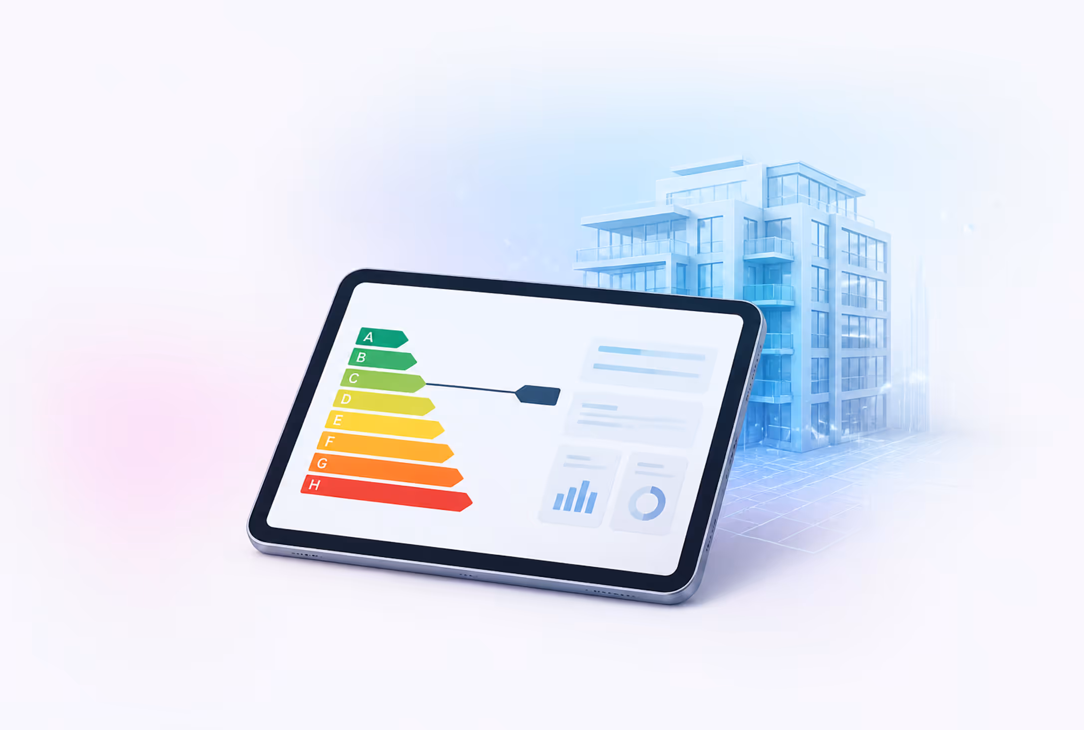 Modern tablet showing a stylised energy-certificate interface (A-to-H scale) in front of a translucent digitized building with a soft grid. Digital energy certificate GModG
