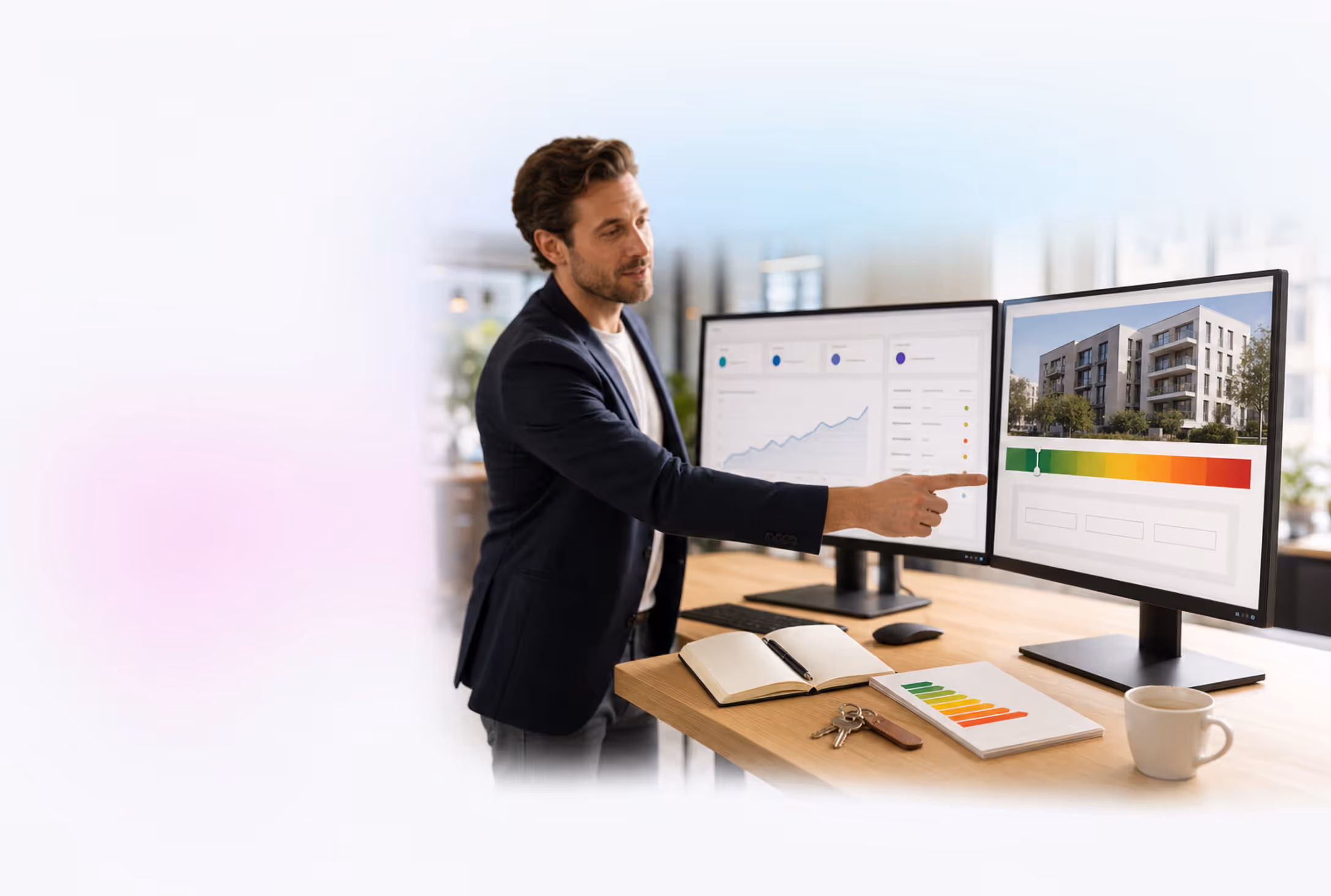 Modernes Marketing-Agentur-Büro mit zwei großen Bildschirmen — links eine Performance-Marketing-Dashboard-Ansicht (Search-Kampagnen-Metriken), rechts eine Immobilien-Landingpage mit Energieeffizienz-Farbband und Bestell-Embed; ein Account-Director im Vordergrund deutet auf den Energiekennwert (GModG-Inseratspflicht für Real-Estate-Kunden)