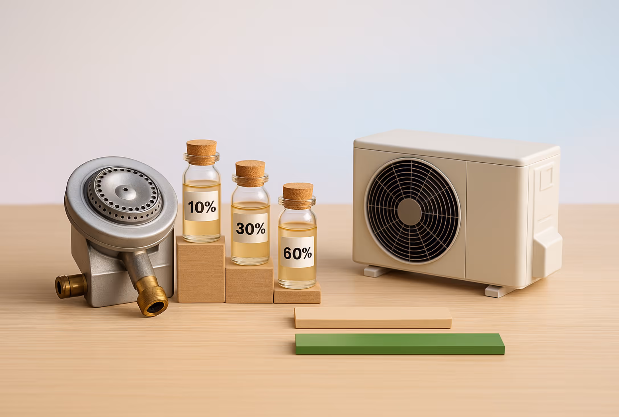 Split image: on the left a gas burner with three bio-fuel vials for rising percentage steps, on the right an air-source heat pump outdoor unit with a short green final-energy bar