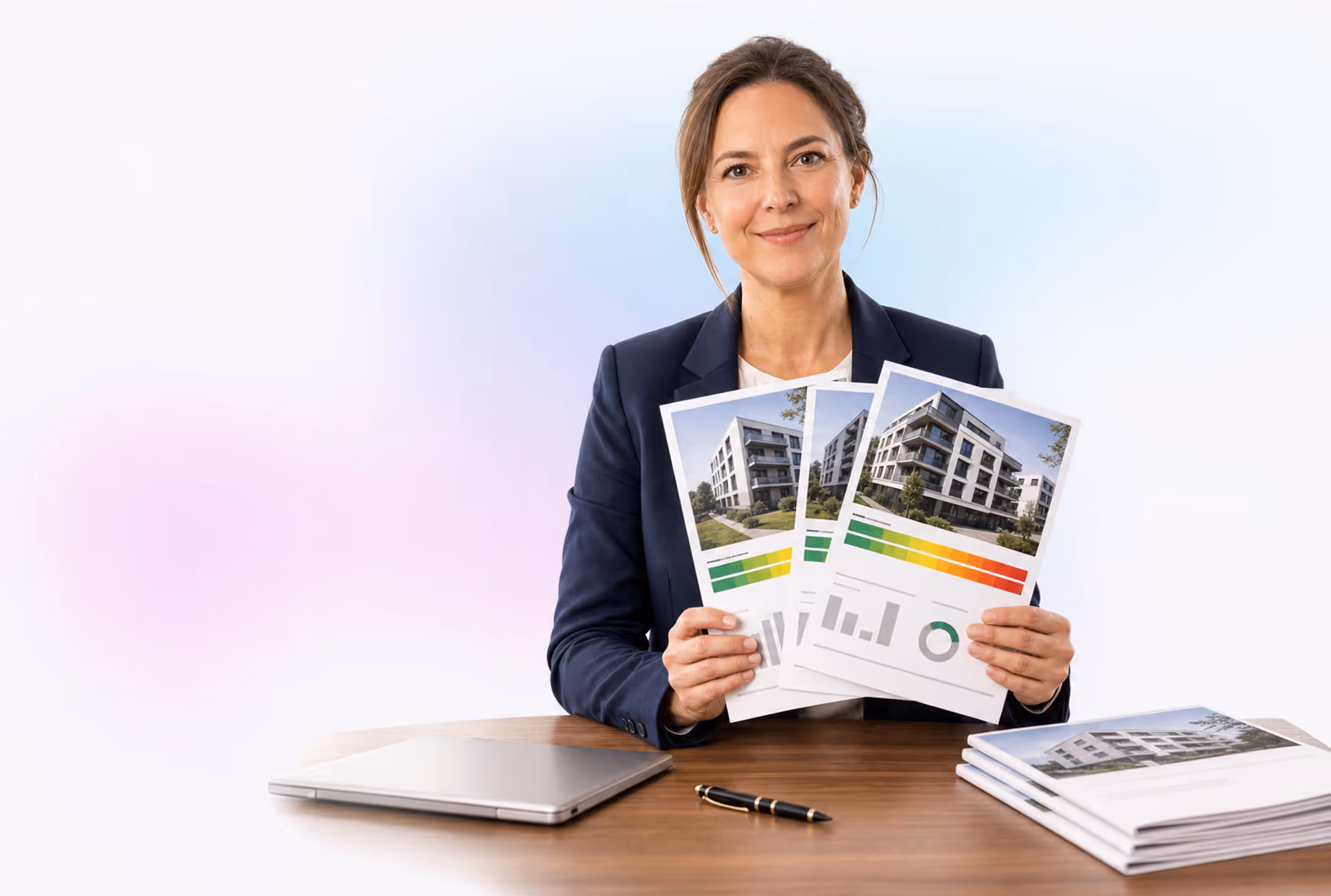Professional female estate agent in a blazer at a bright wooden desk — holding a tablet showing a property listing preview with an energy efficiency colour band (green to red); beside her an open file folder with an energy performance certificate, a house key bunch and a pen in warm daylight (GModG listing disclosure under § 87)