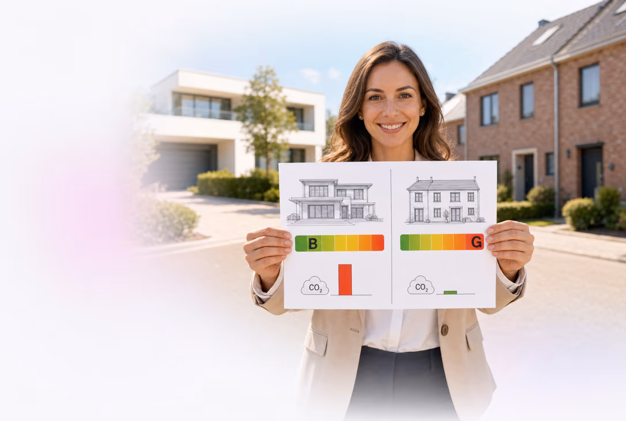 Maklerin mit Energieausweis vor Villa und Reihenhaus — Vergleich spezifischer und absoluter Energiekennwerte (Effizienzklasse und MWh)