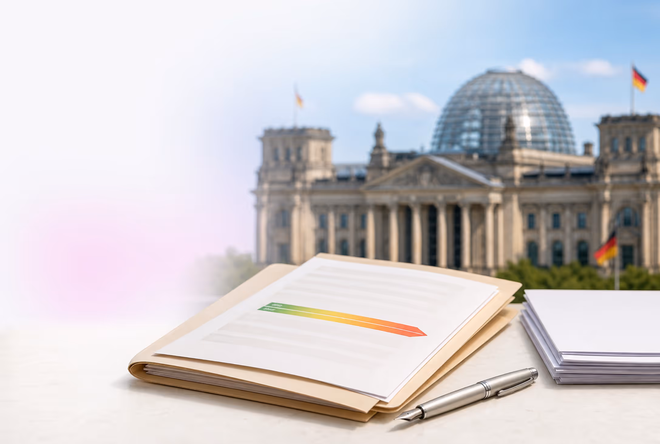 German parliament building and energy certificate document — Building Modernization Act passed, impact on consumption and demand certificates