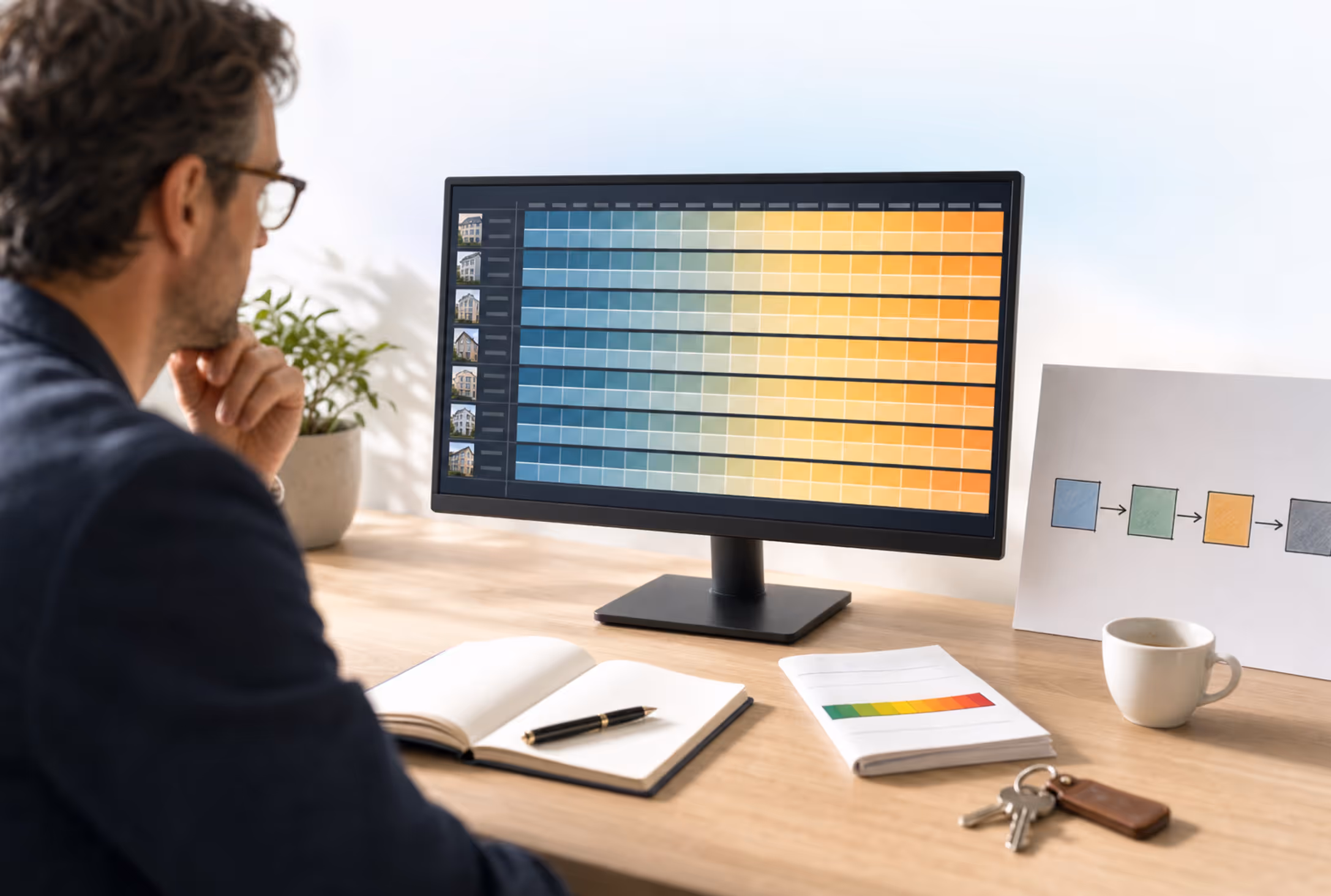 Cockpit einer Hausverwaltungs-Plattform: Liste mit Wohneinheiten und 24 Monatsspalten für Energieverbrauch nach Energieträger, daneben Architektur-Skizze einer API-Anbindung an einen externen Energieausweis-Aussteller (GModG § 82, Plattform-Integration)