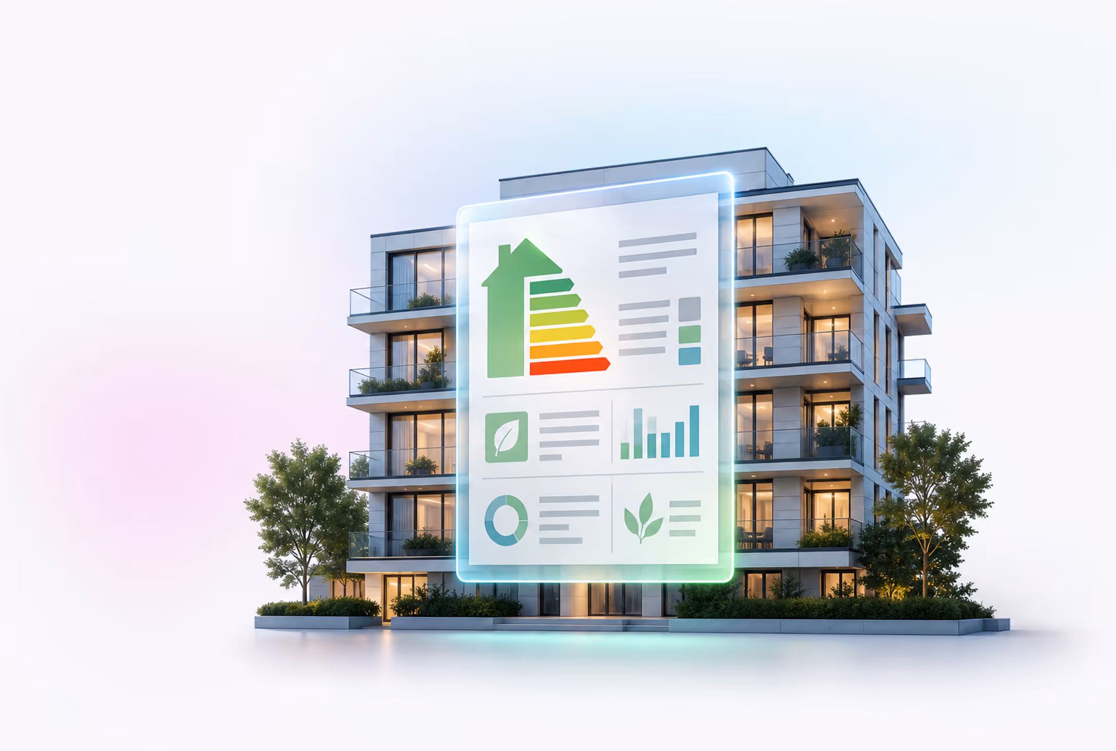 Energyausweis Smart Erfahrungen — leuchtendes Energieausweis-Dokument vor moderner Wohngebäudefassade (Smart™-Symbolik, Effizienzklasse)