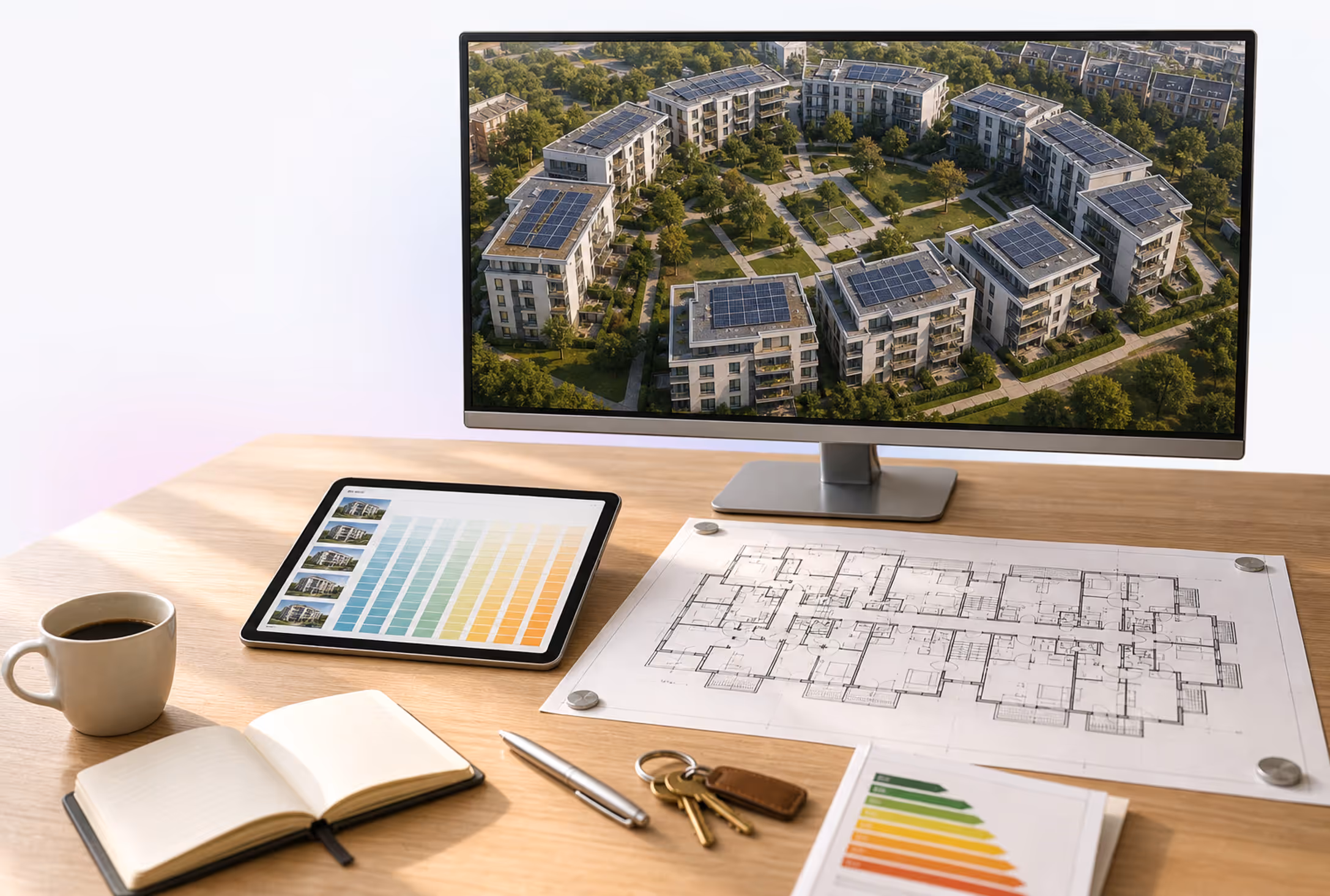 Property manager's desk with a wide monitor: bird's-eye view of a modern residential neighbourhood with densely covered solar roofs and broad green strips; in the foreground a tablet showing a 24-month consumption grid, a technical floor plan of a multi-family residential building and an energy certificate with its colour efficiency band — symbol for the GModG duties of property management (24 monthly readings, § 84 modernisation recommendations, HOA refurbishment resolutions)