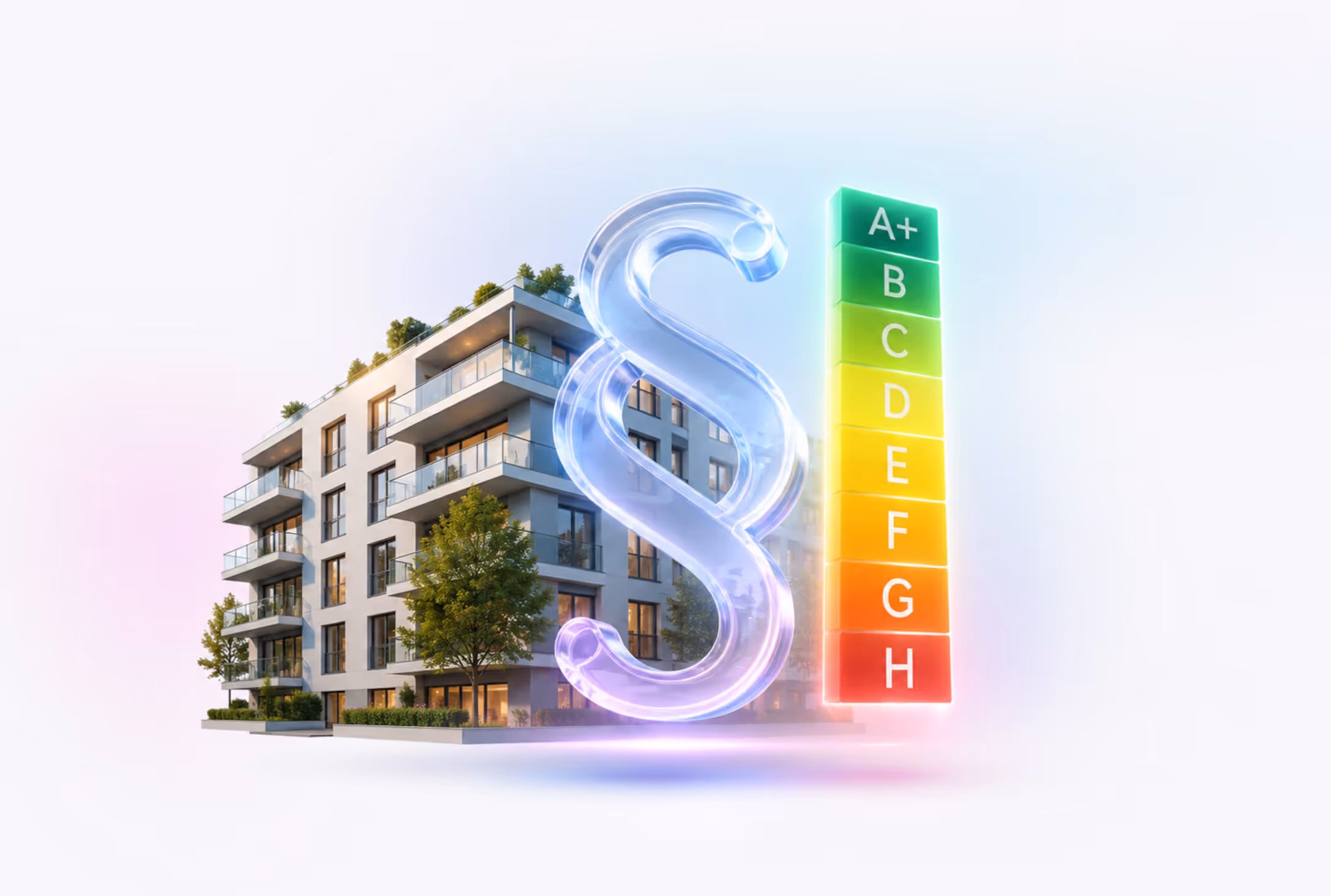Glühende A+ bis H Energieeffizienzskala neben einem Paragraphensymbol vor einem modernen Wohngebäude als Symbol für den GModG-Kabinettsentwurf vom 13. Mai 2026