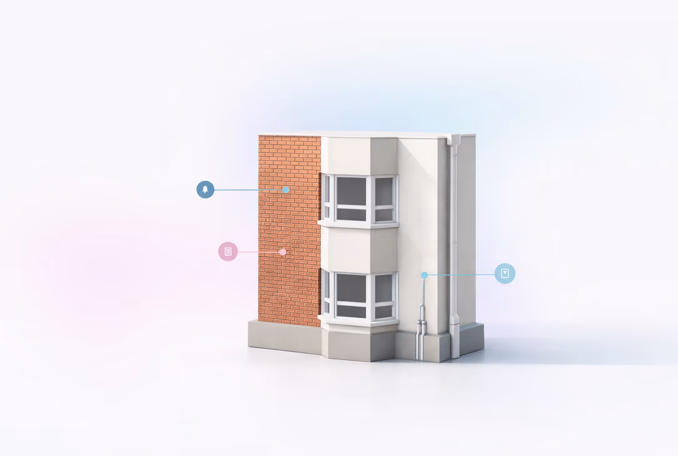 Architectural model detail of a German residential façade with brick and window axis; small geometric markers hint at new mandatory disclosures on the building. Soft daylight, shallow depth of field.