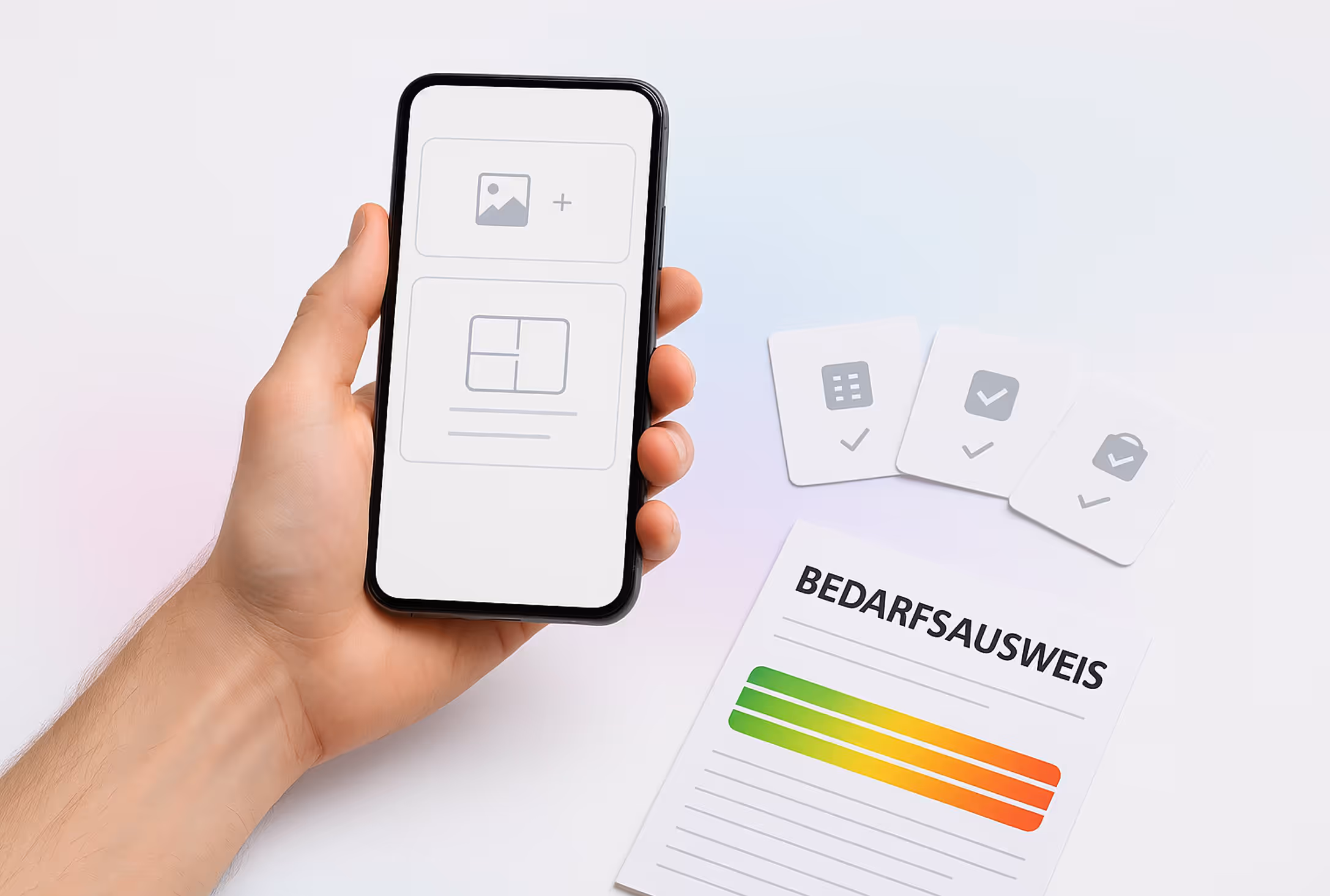 Smartphone mit Portal-Formular und drei abstrakten Anbieter-Karten neben Bedarfsausweis — Kurzvergleich beste Bedarfsausweis-Portale 2026